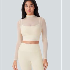 Halara Sheer Long Sleeve Crop Top and Leggings Set - Cream